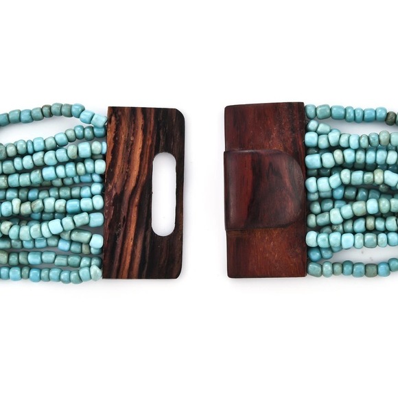 Jeweled Turquoise Seed Bead Necklace Bracelet Wooden Bead Necklace Multi Strand - Picture 6 of 8